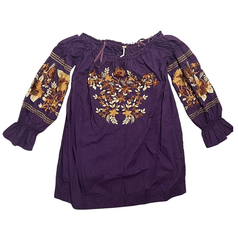 Free People Purple Embroidered Off Shoulder Tunic Top Small Petite S/P Blouse